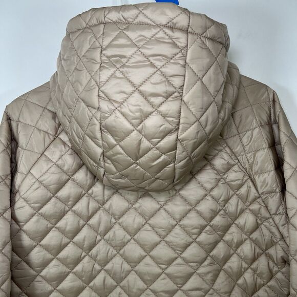 BCBG Maxazria Full Zip Quilted Puffer Jacket Womens Large Metallic Tan Hooded - Picture 16 of 16
